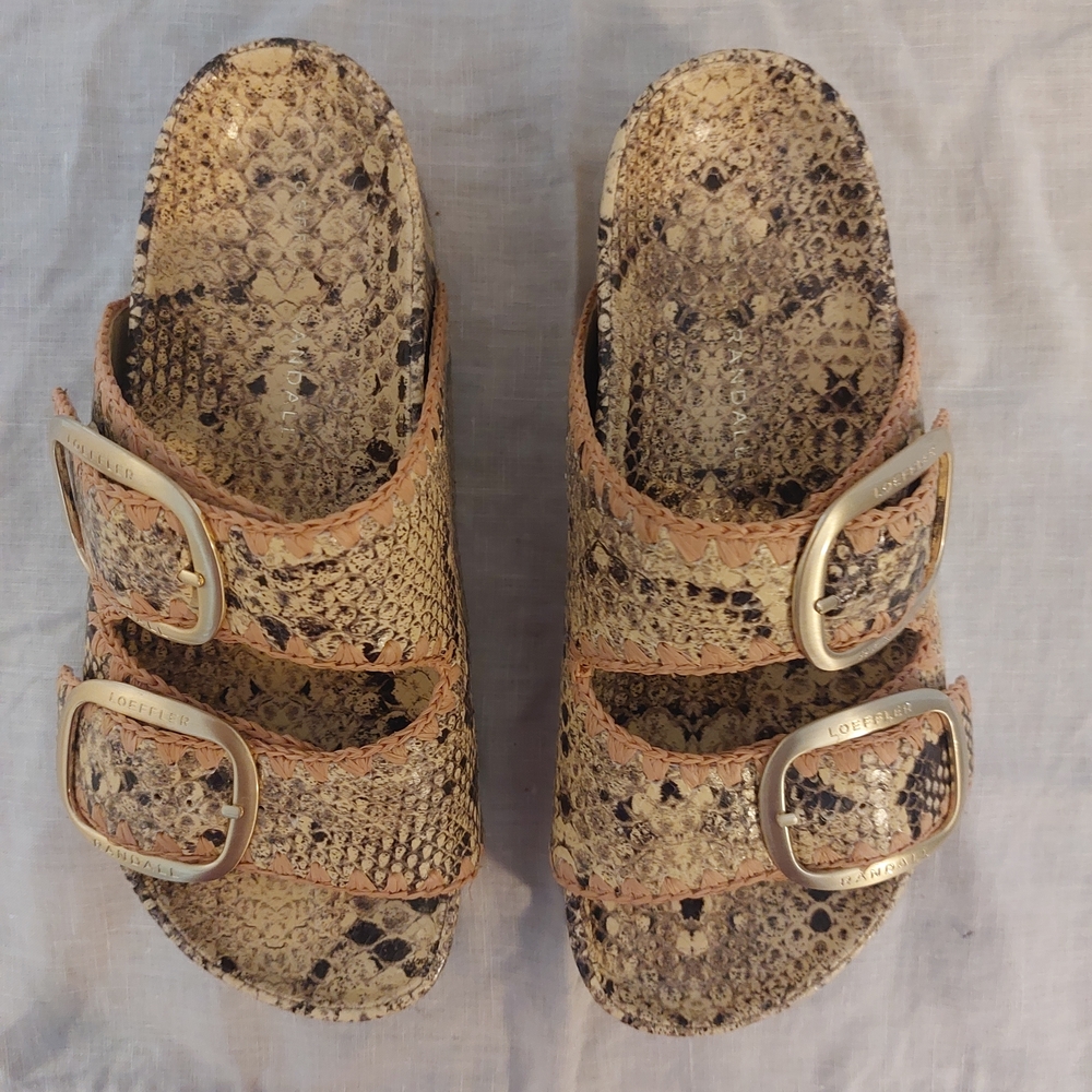 Loeffler Randall Snakeskin Pattern Sandals with Gold Buckles